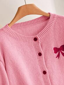 CosyJoli Plus Size Women Bow Embroidered Long Sleeve Single-Breasted Cardigan In Fall/Winter Pink - Pink - View 4