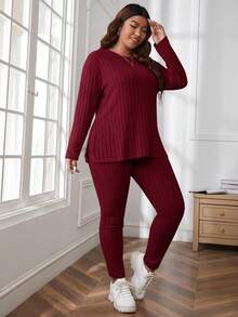 SHEIN Essnce 加大码舒适针织罗纹两件套 - 酒紅色 - 查看 5