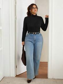 Lounesse Plus Solid Ribbed Slim Fit Mock Neck Knit Tee Office Work - Black - View 6