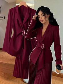 Franclia Metal Buckle Side Pleated Skirt Suit - Burgundy - View 3