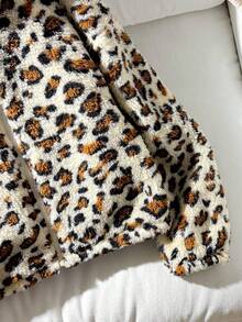 SHEIN Tween flickors casual vändbar leopardmönstrad termofodrad tjock teddytermojacka med söt 3D-örondesign, höst/vinter - Kaki - Visa 3