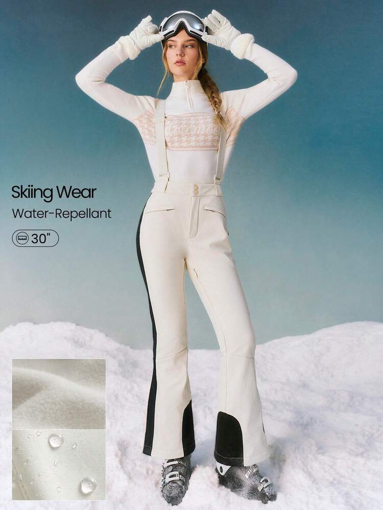 Skiing Collection Glow Soft Stretchy Water-Repellant Thick Durable Zippers Pockets Contrast Stripes Adjustable Straps Flare Leg Relaxed Fit Ski Suspender Bib Pants Autumn Winter Outdoors Skiing Wear