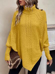 EMERY ROSE Women's Casual Solid Color Turtleneck Poncho Sweater, Autumn/Winter - Yellow - View 7