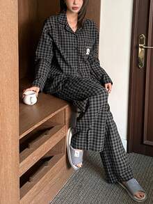 DAZY 女士纽扣前开襟长袖格子印花上衣和裤子休闲睡衣套装，秋冬服装 - 黑色 - 查看 7