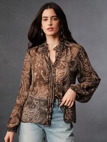 Anewsta 佩斯利印花长袖衬衫，伊比沙岛版型，海滩风，秋季，时尚，棕色 - 棕色 - 查看 3