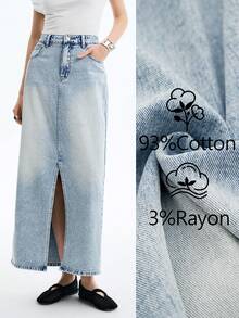Aalyst 女式口袋开衩直筒休闲牛仔长裙 - 淺色水洗藍 - 查看 8