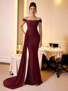 Coutiva Vestido de noche elegante y formal para mujer con hombros descubiertos y decoración de rhinestones - Burdeos - Ver 5