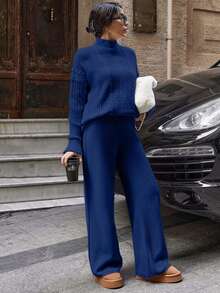 EURMUSE Women Cable Knit Round Neck Sweater And Sweater Skirt 2 Two Pieces Set Co-Ords - Navy Blue - View 5