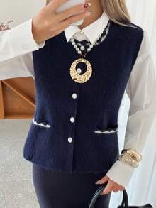 Livesso 女式秋季无袖圆领毛衣背心 - 藏蓝色 - 查看 1