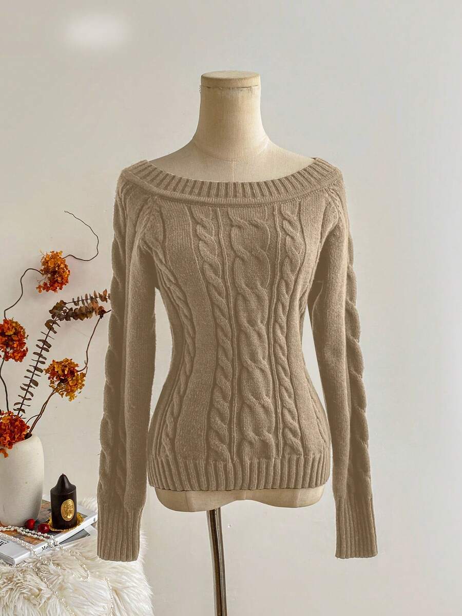 SHEIN LUNE Áo len chui đầu dài tay trễ vai dệt kim màu nâu tối giản sang trọng dành cho nữ, Thu/Đông - Lạc đà - Xem 1