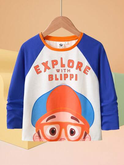 Blippi X SHEIN Young Boy Character & Letter Graphic Colorblock Crew Neck Raglan Long Sleeve Casual T-Shirt