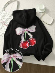 Franclia Women's Casual Minimalist Studded Cherry Print Loose Thick Sweatshirt - Black - View 2