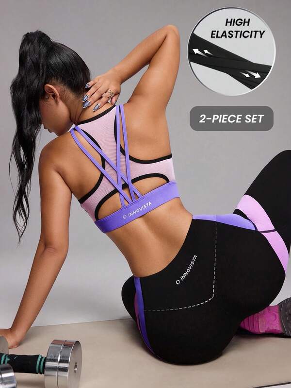 Innovista Conjunto deportivo de mujer con bloques de color y costuras de contraste, diseño sofisticado de dos tonos, ropa de entrenamiento transpirable, top corto deportivo, sujetador, mallas con bolsillo para teléfono y tarjeta, conjunto de dos piezas para yoga diario