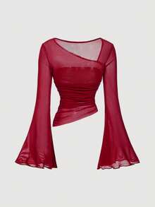 SHEIN MOD Women's Red Mesh Fitted Flare Sleeve Top Asymmetrical Neckline Ruched Detail - Burgundy - View 2