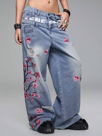 Grunge Punk Damen Große Größen Loose Fit Jeans mit doppeltem Bund und besticktem Kirschblüten Design, Straßen-Stil