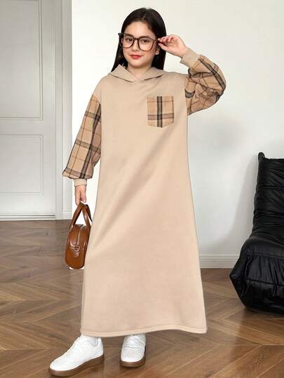 Tween Girl Casual Collegiate Thermal Lined Loose Drop Shoulder Plaid Patch Pocket Hooded Long Sleeve Maxi Sweatshirt Dress, Khaki Modest Long Sleeve Dresses For Girls Abaya For Girls Girl Dress