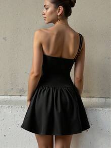 Women 3D Floral Decor Asymmetrical Sleeveless Waist Cinched A-Line Dress - Black - View 2