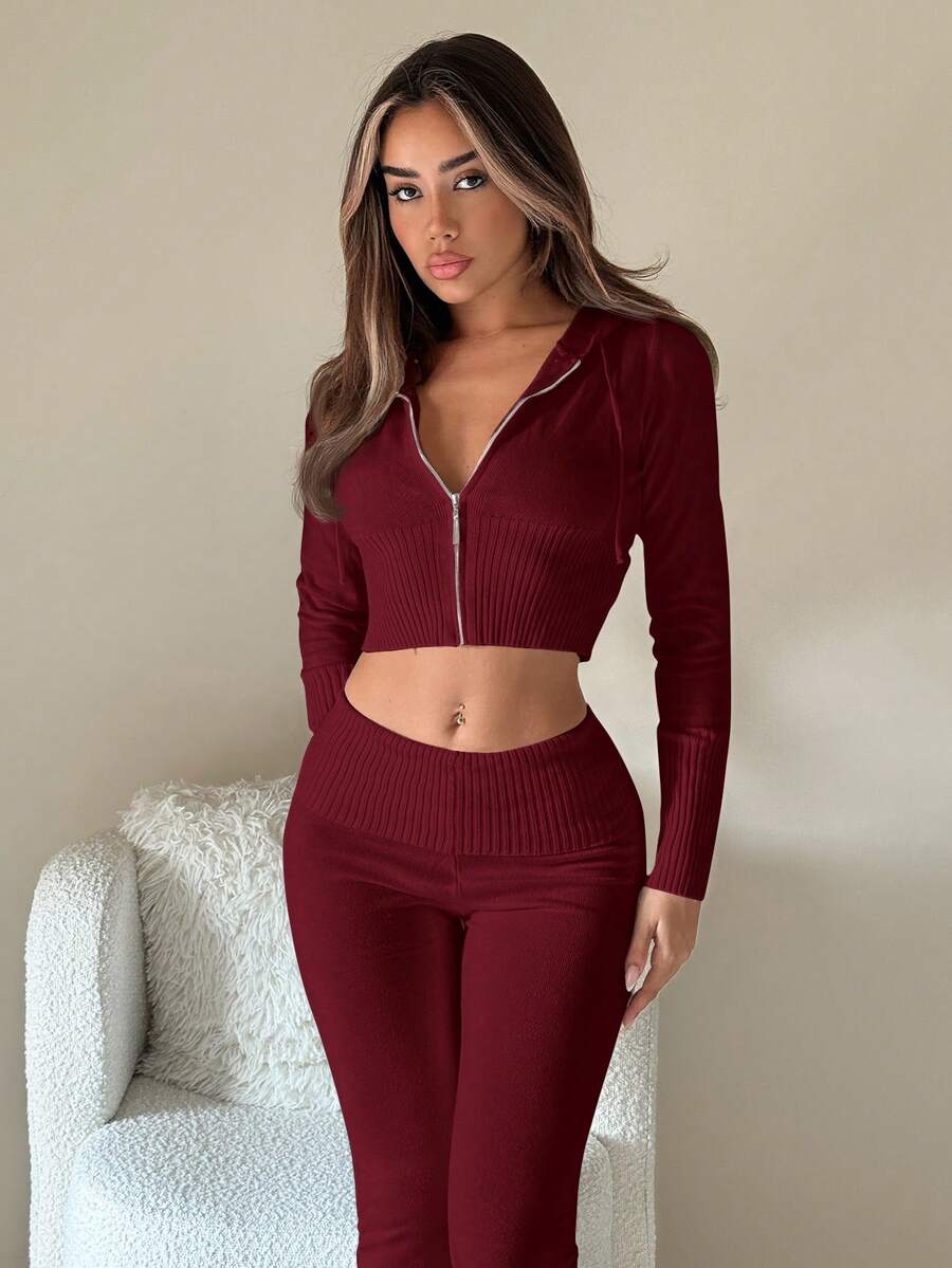 SHEIN ICON 2pcs Set: Hooded Zip-Up Cardigan & Tight Flared Pants - Burgundy - View 1
