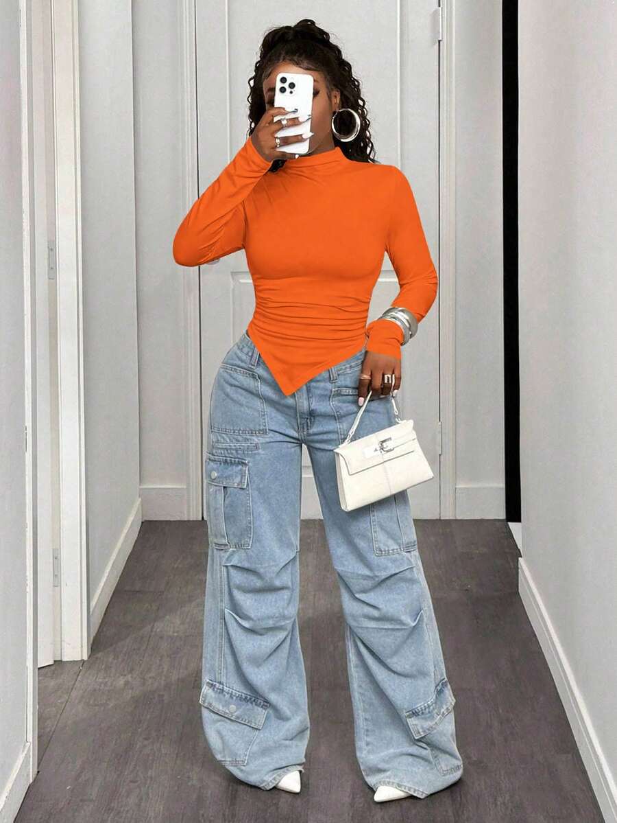 BamGleam Solid Color Stand Collar Asymmetric Hem T-Shirt Fall Cloth For Women