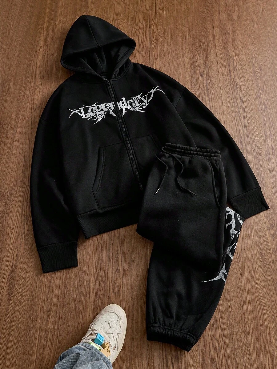 Manfinity VCAY 男士字母印花长袖拉链卫衣搭配抽绳腰运动裤休闲套装，秋冬款