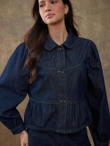 WESTFADE 前开襟纽扣长泡泡袖荷叶边棉混纺牛仔上衣 乡村西部风情，秋季牛仔女郎纳什维尔音乐会，秋季，冬季 - 深色水洗藍 - 查看 6