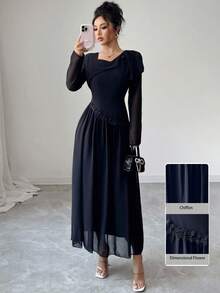 Modelyn Stilvolles französisches Kleid mit asymmetrischem Kragen, Rüschen, taillierter Taille und ausgestelltem Rock für Frauen - Schwarz - Übersicht 1