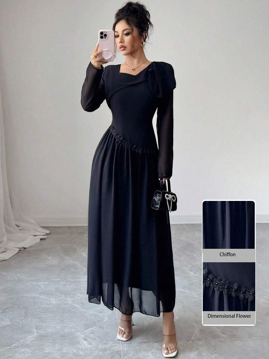 Modelyn Stilvolles französisches Kleid mit asymmetrischem Kragen, Rüschen, taillierter Taille und ausgestelltem Rock für Frauen - Schwarz - Übersicht 1