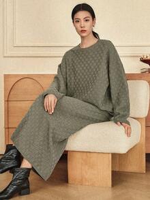 Dazy-Less Women's Loose Business Casual Textured Cable Knit Cardigan And Straight Leg Casual Pants Suit, Autumn/Winter - Green - View 5