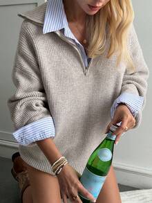 Livesso 女士宽松商务休闲纯色百搭半拉链套头毛衣，适合秋季、冬季、新年、圣诞节、婚礼 - 灰色 - 查看 1