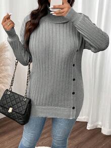 SHEIN LUNE 大码高领纽扣装饰落肩罗纹针织毛衣 - 淺灰色 - 查看 5