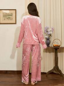Côtesoire French Elegant Lace Patchwork Velvet Charm Women Pajama Set, Autumn/Winter Lace Pajama Set Lace Pj Set Pink Pajama Set Lace Sleepwear Velvet Pajama Set, Fall Clothes - Dusty Pink - View 2
