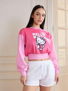HELLO KITTY AND FRIENDS | SHEIN 女式可爱拼色卡通字母图案卫衣，秋季 - 粉色 - 查看 1