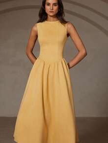 Chiquease Women's Solid Color Mandarin Collar Sleeveless Casual Dress - Yellow - View 4