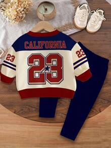 SHEIN 女婴休闲复古字母和数字徽章图案运动衫和紧身裤套装，学院风，柔软厚实圆领长袖套头衫和紧身裤，适合秋冬季 - 彩色 - 查看 3