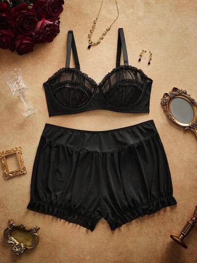 PinupPomp 2pcs Plus Size Women Sexy Crop Top And Lantern Pants Set, Black