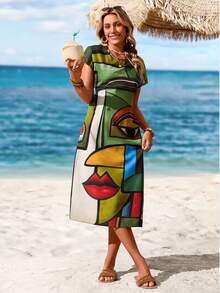 Sylviya 夏季女士抽象人脸印花圆领蝙蝠袖休闲T恤裙，度假风 - 彩色 - 查看 5