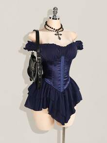 SHEIN ICON Váy ngắn chữ A bằng vải voan xếp ly jacquard màu trắng buộc eo cho nữ, dây xếp ly bèo nhún trễ vai nhiều lớp, viền bèo nhún, thanh lịch cho tiệc tùng và thường ngày - Màu xanh hải quân - Xem 6