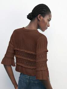 Maija 女士纯色短款荷叶边针织上衣，基础款毛衣，适合都市通勤、商务休闲、办公室穿着，优雅百搭，也适合圣诞派对、新年等场合，棕色沙滩风，女士时尚圣诞系列