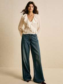 Poéselle Women's Solid Color V-Neck Ruffle Trim Raglan Sleeve Casual Elegant Blouse, Wrap Tops For Women, White Blouse, Ruffle Blouse ,Sheer Tops For Women