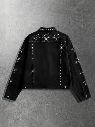 Goth Men's Loose Fit Rhinestone Embellished Denim Jacket