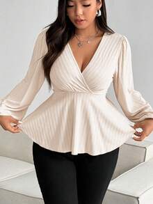 Vionelle Plus Size V-Neck Ruffle Puff Sleeve Long Sleeve Textured Knit Cropped Hem Casual T-Shirt For Women, Apricot - Apricot - View 3