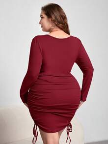SHEIN Privé Plus Size Women Solid Color Wrap Around Long Sleeve Fitted Dress Bodycon Plus Size Dress Plus Size Club Dress Burgundy Plus Size Dress Ruched Plus Size Dress Plus Size Sexy Dress Plus Size Bodycon Dress Plus Size Ruched Dress/Winter - Burgundy - View 2