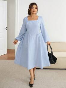 SHEIN Frenchy Plus Size Women's Square Neck Blue And White Striped Long Sleeve Casual Dress