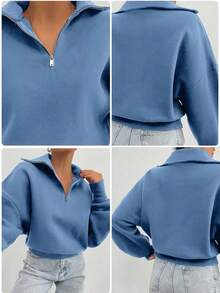 SHEIN Cottnline 100% Cotton Collar With Zipper Pattern Oversize Sweatshirt - Baby Blue - View 7