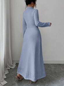 Elenzga Women's Solid Color Turtleneck Unique Design Fitted Waist Elegant Casual Long Sleeve Maxi Knit Sweater Dress, Suitable For Autumn/Winter - Blue - View 3