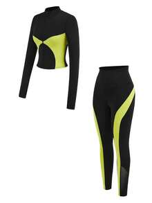 Innovista Women's Color-Blocked Zipper Collar Jacket And Pants Ski Set – A Two-Tone Sportswear Set Featuring A Stylish Zip-Up Long-Sleeved Cropped Jacket Paired With High-Waisted, Hip-Lifting Leggings. This Premium Sportswear Set Is Suitable For Yoga, Pilates, Cycling, Bike Training, High-Intensity Interval Training, Running, And Gym Workouts. Breathable, Stretchy, Quick-Drying, And Sweat-Wicking, It's Perfect For Fall And Winter Wear. Neon Piping, Utilitarian Chic - Black - View 13