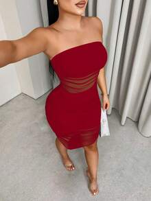 VaVaBold Váy ngắn bodycon hở lưng lưới xếp nếp gợi cảm mùa hè cho nữ quần áo năm mới - Đỏ - Xem 3
