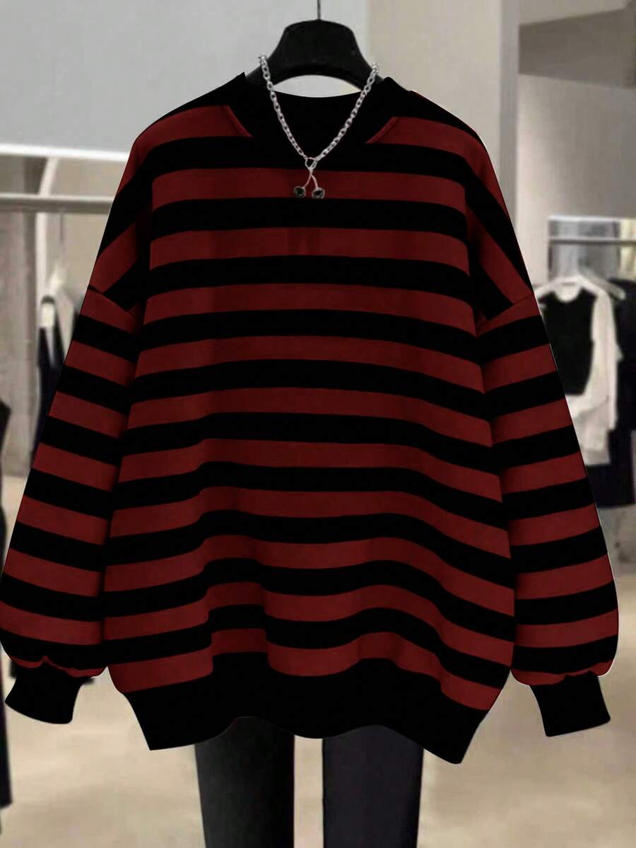 EMERY ROSE New Arrival Bestselling Regular Fit Women Plus Size Striped Crew Neck Sweatshirt