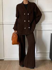 DAZY Women's Turndown Collar Open Front Loose Knit Sweater And Straight Leg Pants 2 Pieces Set, Casual & Elegant - Coffee Brown - View 1