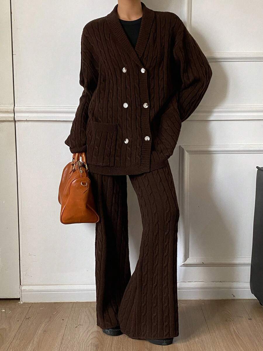 DAZY Women's Turndown Collar Open Front Loose Knit Sweater And Straight Leg Pants 2 Pieces Set, Casual & Elegant - Coffee Brown - View 1
